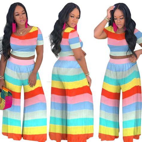 2019 Women Sexy Rainbow Striped Tracksuit 2 Piece Set Short Sleeve Crop