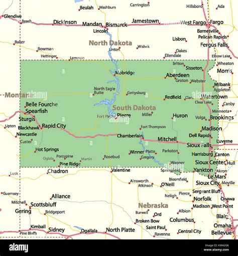 Map Of South Dakota Shows Country Borders Urban Areas Place Names