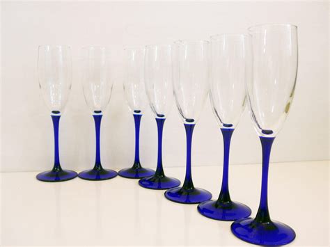 6 Vintage Luminarc Tall Stem Champagne Glasses Cobalt Blue Vintage Glassware From France