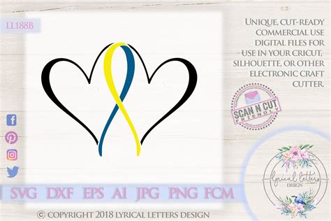 Vector flat blue and yellow awareness ribbon with pin. Down Syndrome Awareness Ribbon Heart SVG DXF LL188B
