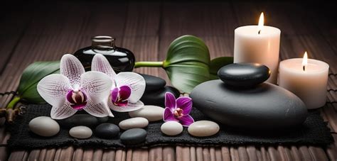 premium ai image spa massage stones with candles lotus flowrs orchid flower and towels on