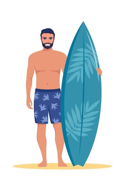 Premium Vector Young Man Surfer With Surfboard Standing On The Beach