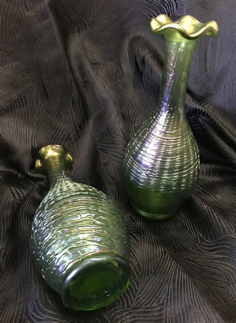 Pair Bohemian Art Nouveau Green Glass Vases Loetz Creta Chine Collectors Weekly