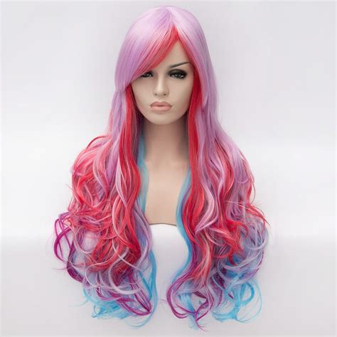 Long Mixed Color Silver Red Blue Wavy Synthetic Hair Capless Cosplay