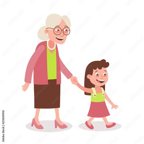 grandmother and granddaughter walking she takes her by the hand cartoon style isolated on