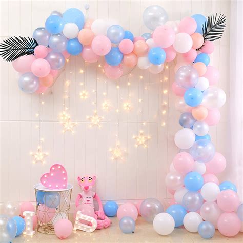 Pink Blue Latex Pastel Metallic Balloons Combo With Leaf And Star Led