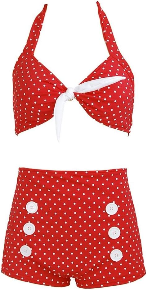 Amazon Com Red Polka Dot Retro Pin Up Rockabilly Women S Bathing Suit Swimsuit Swimwear Bikini