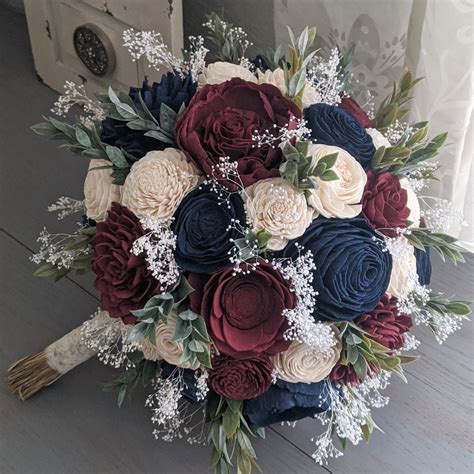 Navy Burgundy And Ivory Sola Wood Flower Bouquet With Etsy Canada