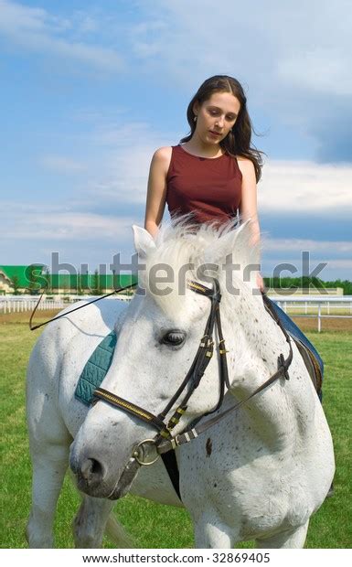 Serenity Young Girl Astride Horse Against Stock Photo 32869405