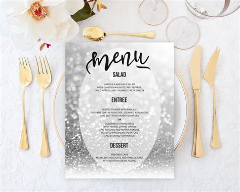 Silver Wedding Menu Cards Wedding Menu Board Printable Wedding Etsy