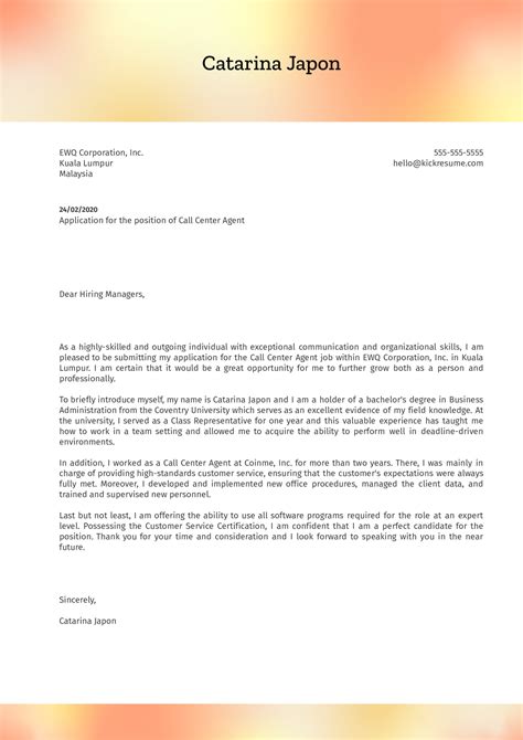 Call centers are the front line in customer service and are important for most companies. Call Center Agent Cover Letter Sample | Kickresume