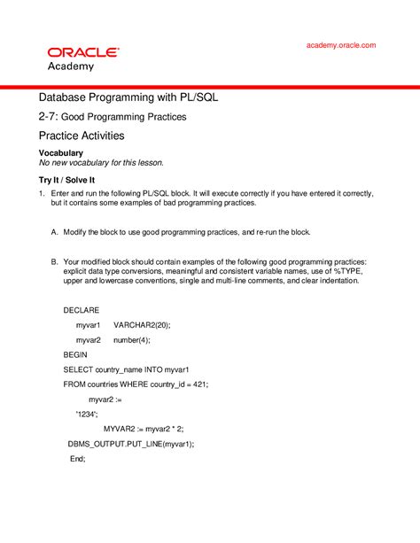 Plsql Practice Academy Oracle Database Programming With Pl Sql