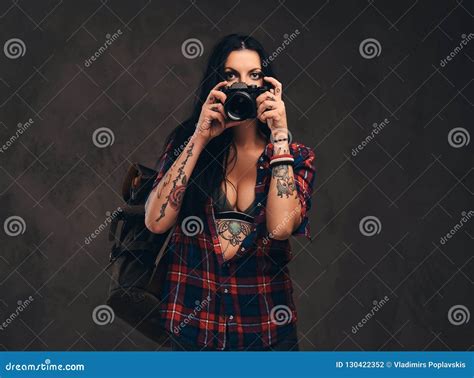 Seductive Tattooed Hipster Girl Wearing A Red Unbuttoned Checked Shirt Posing A Camera Stock