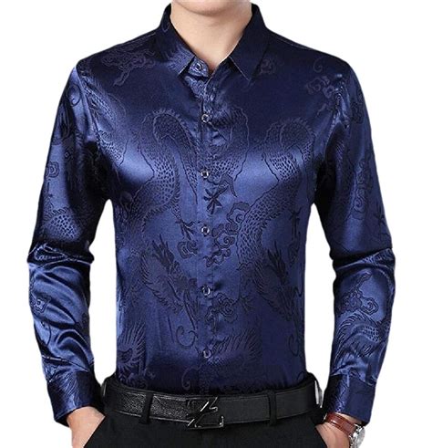 Hanadora Mens Long Sleeves Shiny Silk Satin Button Down Dress Shirt