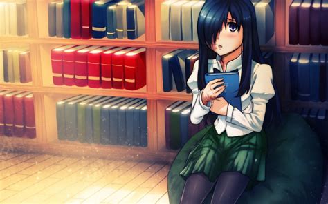 Girl Brunette Library Books Anime Hd Desktop Wallpaper Widescreen High Definition Fullscreen