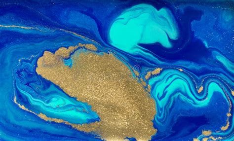 Marbled Blue And Gold Abstract Background Liquid Marble Pattern Stock