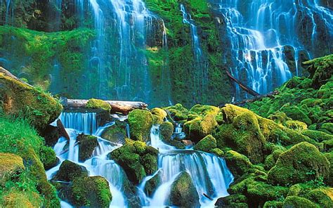 Hd Wallpaper Green Waterfall With Rocks Covered With Green Moss