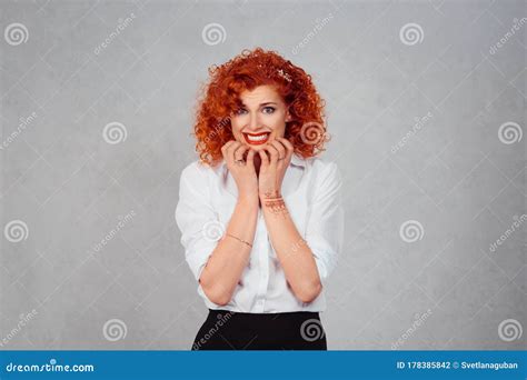 Shocked Redhead Curly Girl In Despair Panicking Shaking Arms And