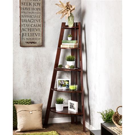 A corner bookshelf makes a great addition to small spaces, as it maximizes every inch of space in your floor plan. Space Saver Corner Bookcase 5-Tier Wood Open Back Ladder ...