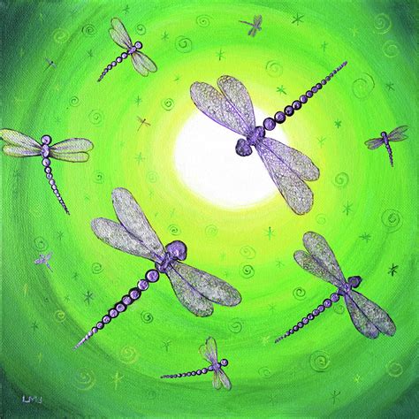 Shimmering Purple Dragonflies In Green Moonlight Painting By Laura