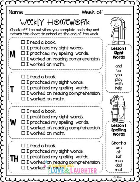 Editable Weekly Homework Checklists
