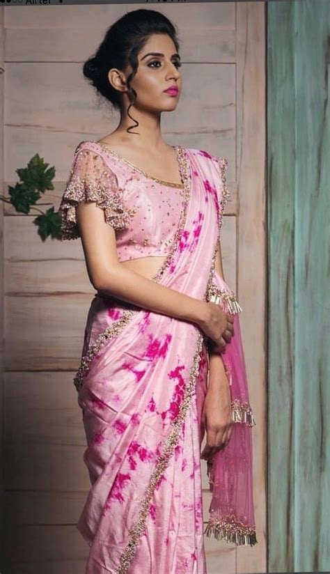 Loving The Beautiful Floaty Sleeve On This Pink Round Neck Saree Blouse Paird With A Stunning
