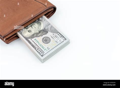 Brown Leather Wallet With Dollars Isolated On White Background Flat