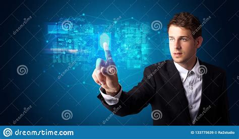 Man Accessing Hologram With Fingerprint Stock Image - Image of information, display: 133775639