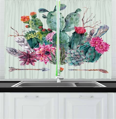 Cactus Curtains 2 Panels Set Spring Garden With Boho Style Bouquet Of