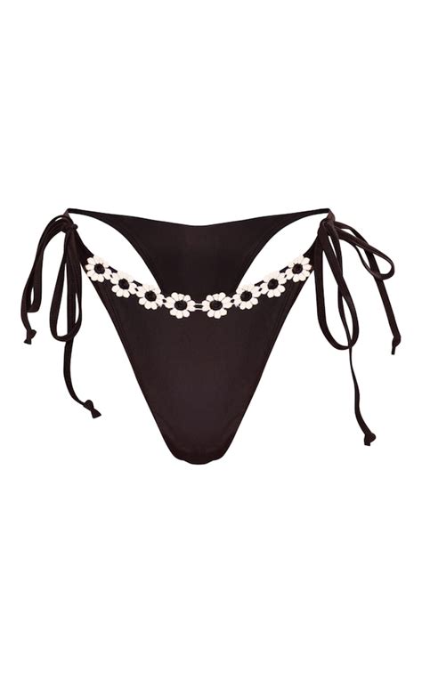 Black Flower Trim Tie Bikini Bottom Prettylittlething