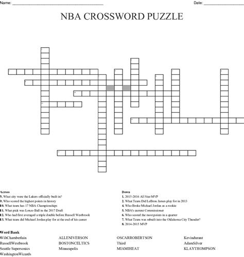 Nba Teams Crossword Puzzle Printable Printable Crossword Puzzles Online