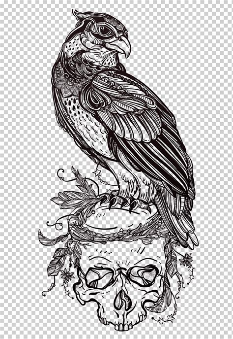 Pájaro gris posado en ilustración de calavera tatuaje de dibujo de ave