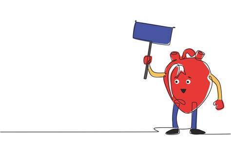 Continuous One Line Drawing Cartoon Anatomical Human Heart Organ Mascot