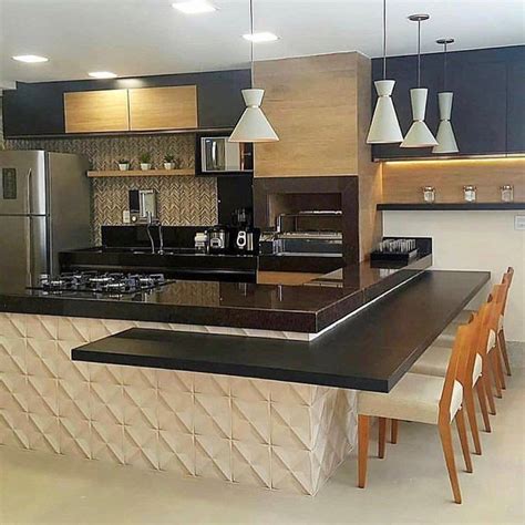 Linda área gourmet com revestimento 3D na bancada Vi Decoração