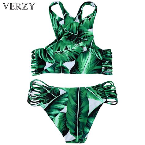 Green Leaf Printing Bikini Sets Lady High Neck Vest Swimwear Women