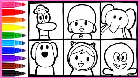 Draw And Color Pocoyo And His Friends Playing 👶👧🐶🐥🐘🐙🐦🐛 Easy Step By