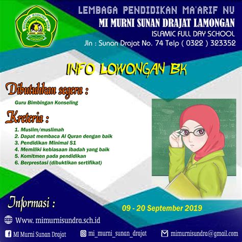 Ada lowongan guru kelas, guru matematika, guru al qur'an, guru bk. INFO LOWONGAN GURU BK - Ahlan Wasahlan Fi Madrasah MI ...