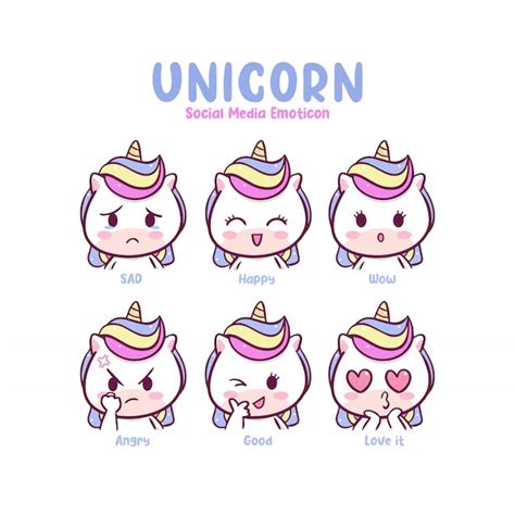 Cute Unicorn Emoticon De Redes Sociales Vector Premium
