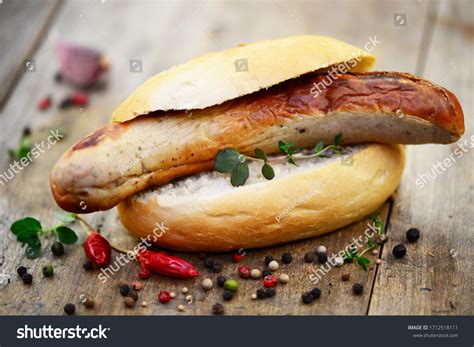 Fast Food Bratwurst Bun Mustard Closeup Stock Photo 1712518111