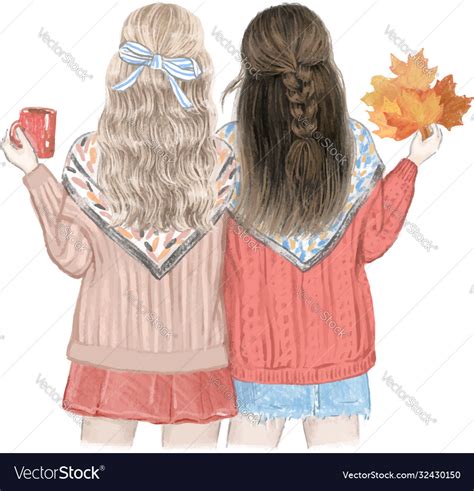 Two Girls Best Friends In Fall Hand Drawn Vector Image