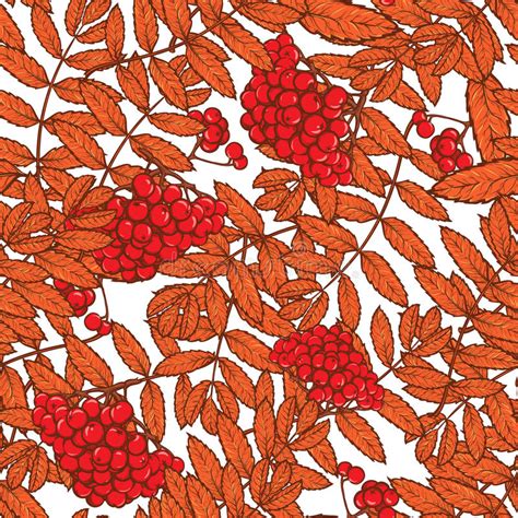 Autumn Rowanberry Leaves And Berries Seamless Pattern Stock Vector