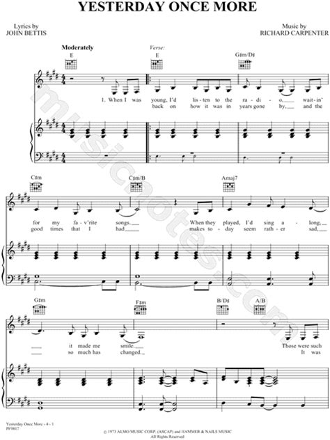 When i was young i'd listen to the radio waitin' for my favorite songs when they played i'd sing along, it made me smile. The Carpenters "Yesterday Once More" Sheet Music in E ...