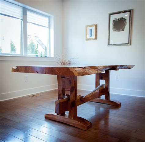 Blue epoxy resin art piece side table. Cedar Slab Table — Vale Lorin Bruck Design