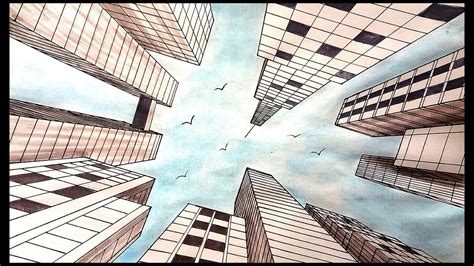 Drawing A City In One Point Perspective Looking Up View