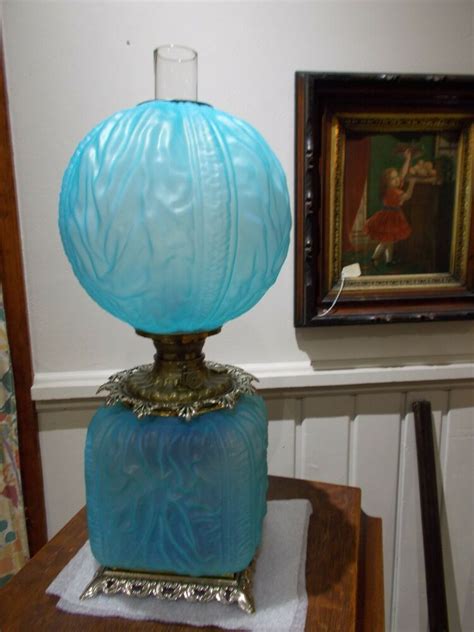 Glass lamp base multi coloured stands 23″ or 585mm high. BLUE Satin ~ Pittsburgh Glass ~ Square Base BEADED DRAPE ...