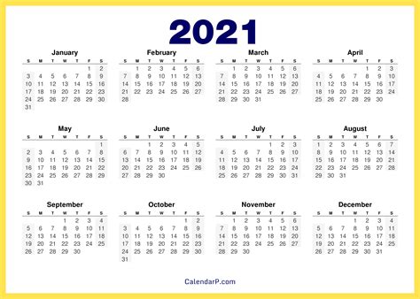 2021 Calendar Printable Free Hd Yellow Calendarp Printables