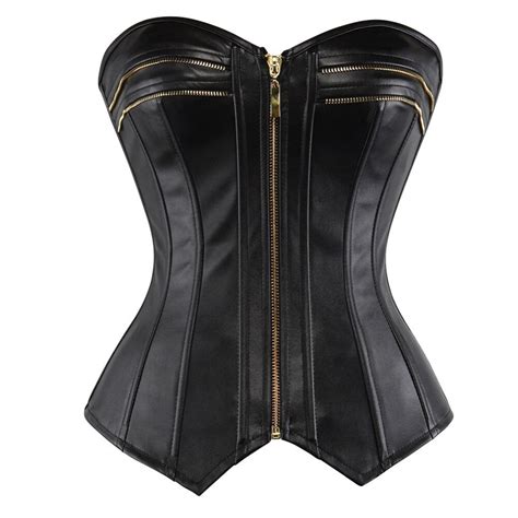 Black Faux Leather Overbust Corset Sexy Zipper Front Lingerie Waister