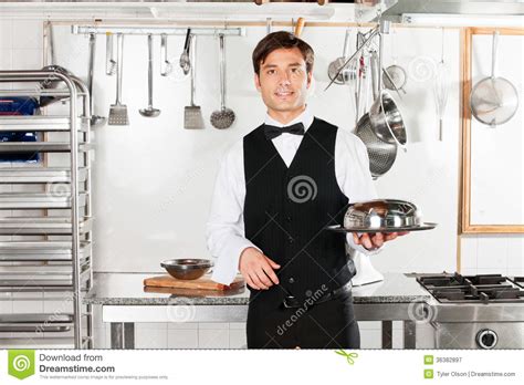 Young Waiter With Cloche Lid Cover And Tray Stock Image Image Of