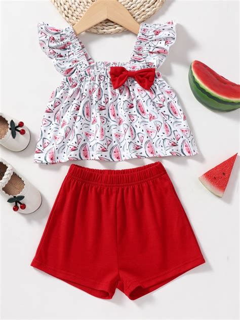 Baby Watermelon Print Bow Front Ruffle Trim Tank Top Shorts