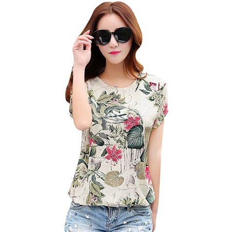 2018 Retro Style Linen Floral Printed Summer Blouse Shirts Women Tops Loose Lady Short Sleeve ...
